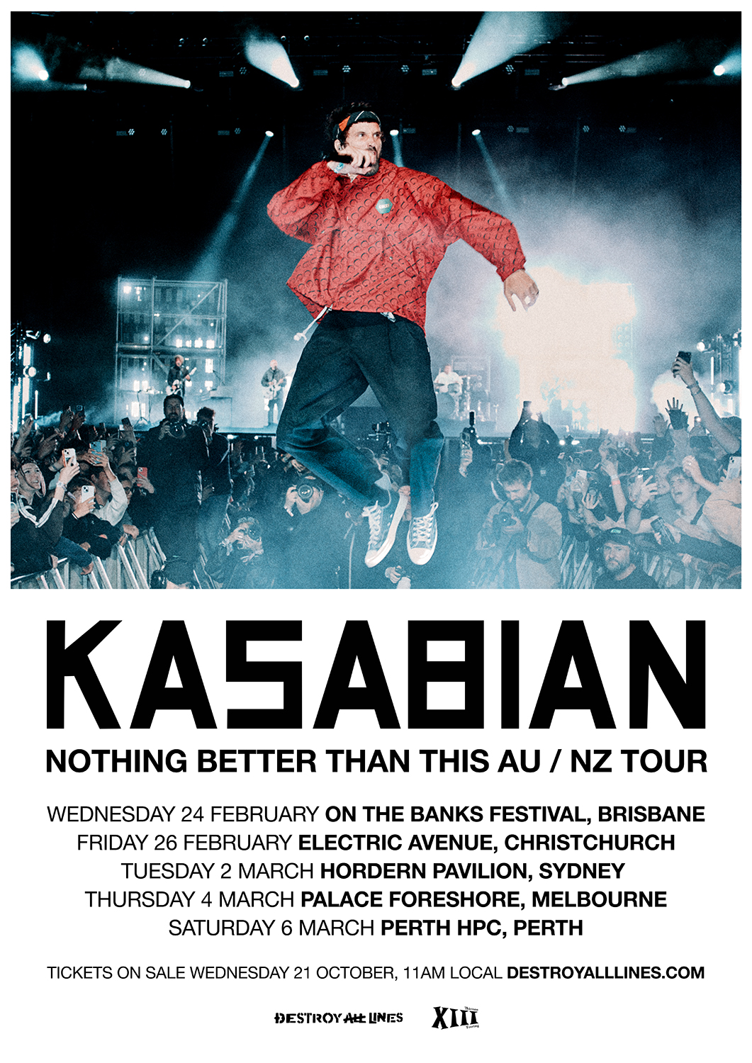 Kasabian Nothing Better Than This AU / NZ Tour poster featuring a live stage photo and concert dates for Brisbane, Sydney, Melbourne, and Perth.
